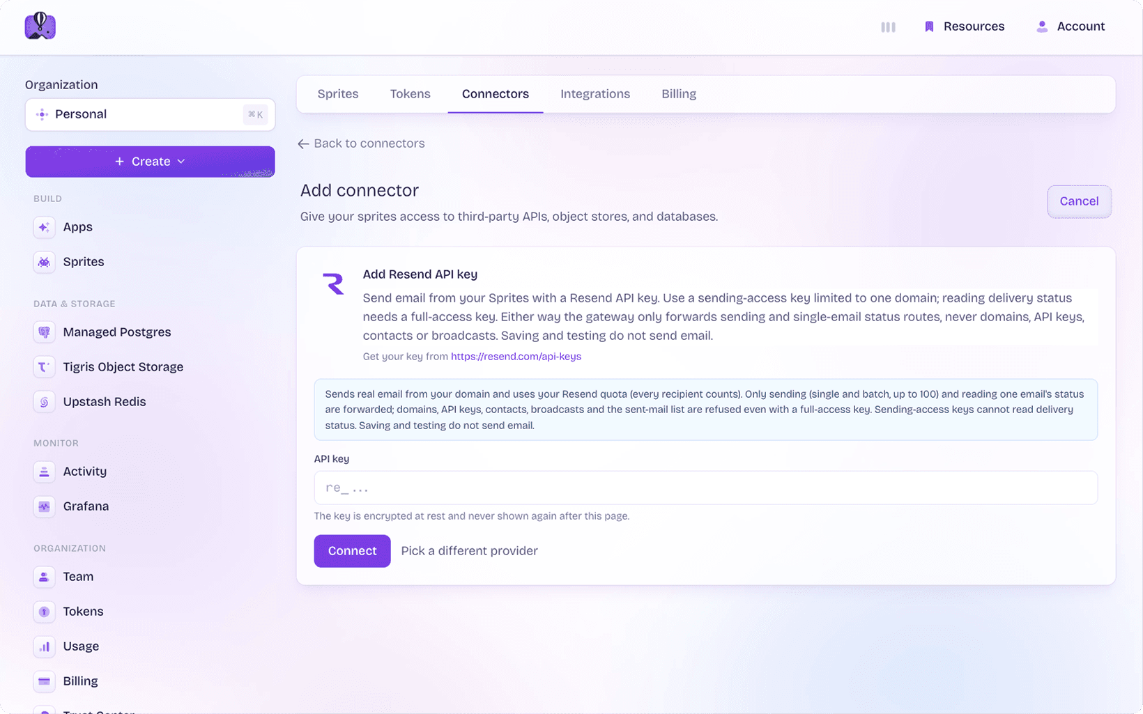 Adding a Resend API key as a connector in the Fly.io Sprites dashboard